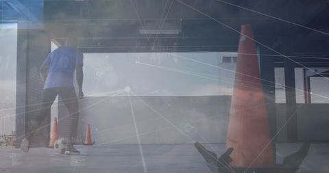 Urban soccer training and digital connectivity conceptual overlay