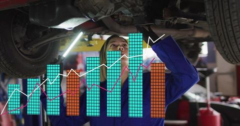 Female mechanic inspecting car undercarriage on lift holding light with data chart overlay