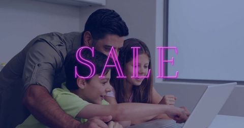 Father guiding children shopping online and pointing at laptop with neon sale overlay