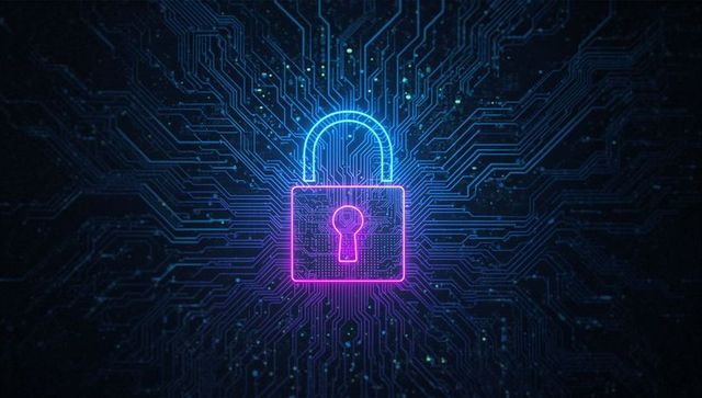 Glowing cybersecurity padlock with circuit board background