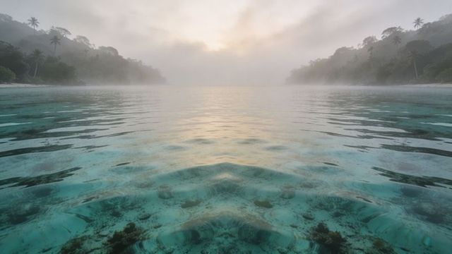 Misty tropical lagoon revealing turquoise shallow seabed and palm-fringed forest at dawn