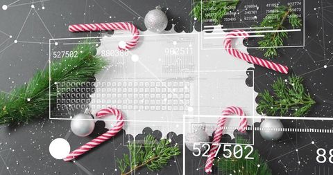 Holiday Doily Flatlay with Candy Canes, Evergreen Sprigs and Silver Baubles, HUD Overlay