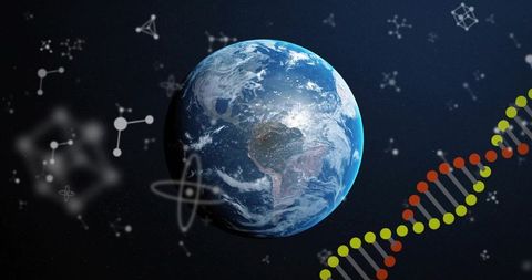 Floating earth with dna helix and molecular icons representing global genetics and science