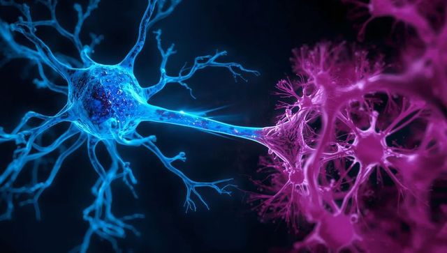 Blue Neuron Connecting to Magenta Neuron Network, Synapse Transmitting Neural Signals