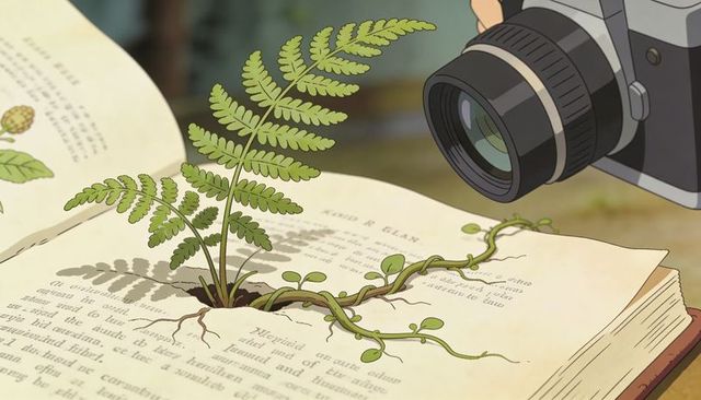 Sprouting fern emerging through vintage botanical book with curling vine and roots