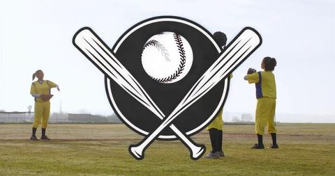 Young Athletes Practicing Softball on Field with Baseball Motif