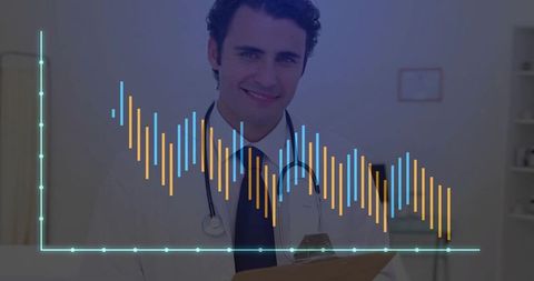 Young male doctor holding clipboard and stethoscope, digital health data visualization