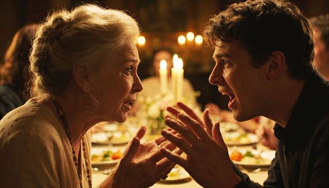 Candlelit family dinner conversation between senior woman and young man