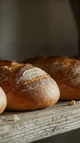 Vertical video panning across rustic artisan bread loaves on wooden shelf highlighting crust texture