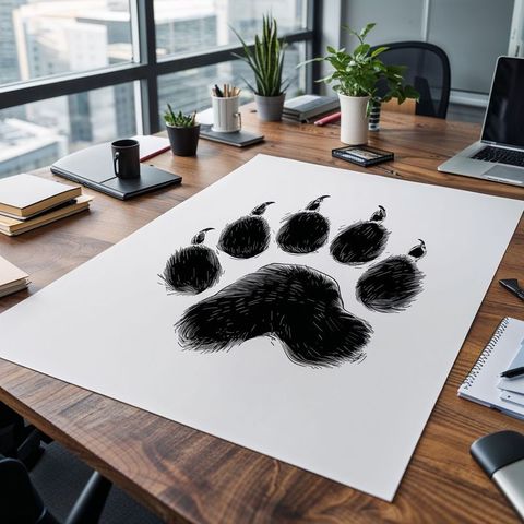 Bold black paw print on wooden office desk with urban views