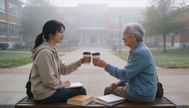 Sharing coffee and conversation: student and senior connecting on misty university bench