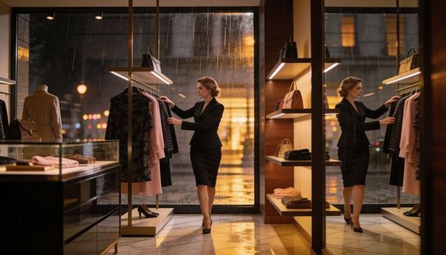 Boutique clerk arranging dresses in luxury storefront with rainy window reflection