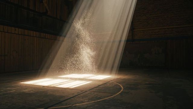 Sunbeam Illuminating Dust Column on Abandoned Basketball Court with Worn Floor Lines