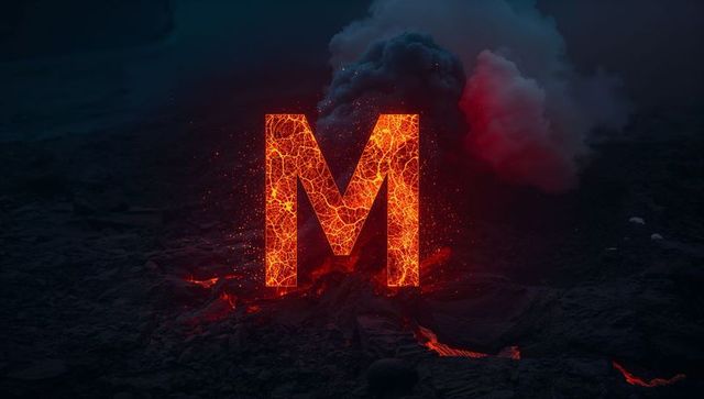 Molten letter m glowing on volcanic terrain with fiery effect