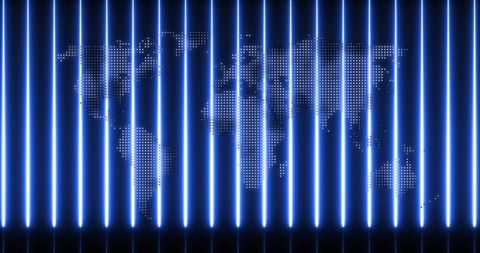 Pulsing neon-blue world map displayed behind vertical led light bars for futuristic tech