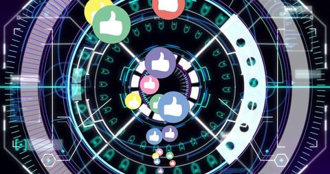 Rotating neon hud tunnel forming cyber interface showing floating thumbs-up icon stream