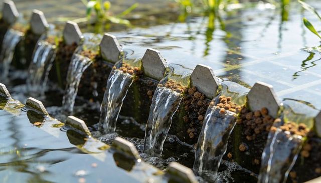 Flowing hexagonal spillway cascades in sunlit garden pond with moss, ripples, and reflections