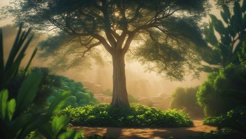 Majestic tree illuminated by sunbeams in misty forest clearing, garden of eden concept