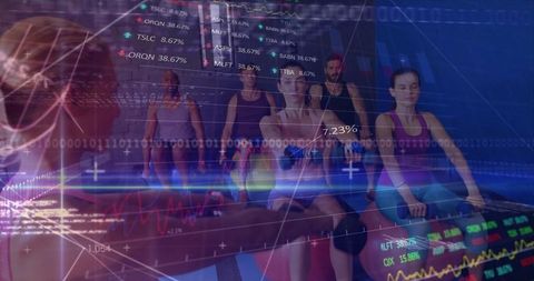 Athletes rowing with digital fitness data visualization overlay
