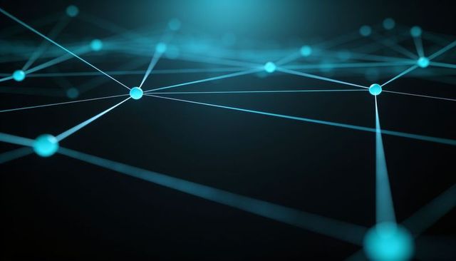 Glowing turquoise nodes connecting on futuristic virtual network grid
