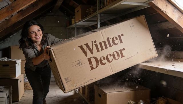 Smiling woman lifting winter decor box in dusty attic shelving, organizing seasonal storage