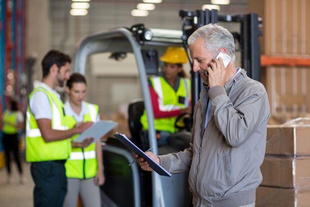 Warehouse manager talking on mobile phone while holding a clipboard, overseeing operations. Workers in safety vests and a forklift in the background. Ideal for use in articles about warehouse management, logistics, industrial operations, and workplace communication.