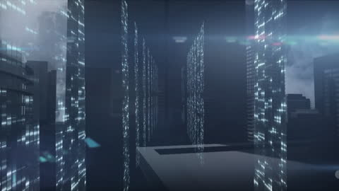 Futuristic Digital Data Overlays on Modern Cityscape