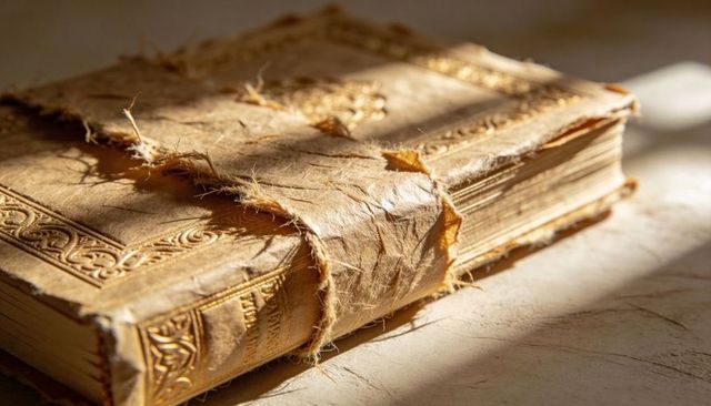 Sunlit antique embossed book wrapped in frayed paper and twine, gilded vintage tome