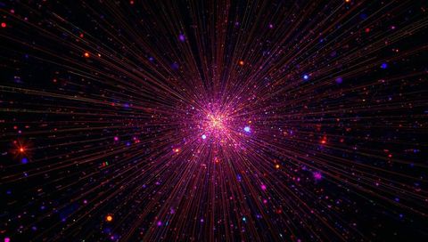 Magenta Starburst Radiating Neon Rays with Colorful Particles in Deep Space