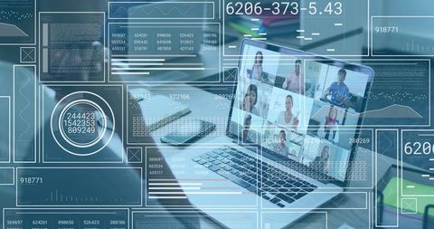 Remote team collaborating on video conference with data dashboard overlays and analytics