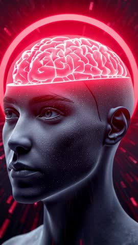 Rotating Neon-Brain Cyborg Head Vertical Video Featuring Pulsing Pink Neural Cortex