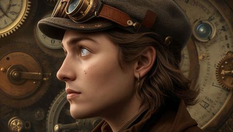 Woman in steampunk aviator attire with vintage gears