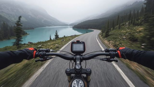 First-person motorcycle ride along winding alpine road beside turquoise lake with gps view
