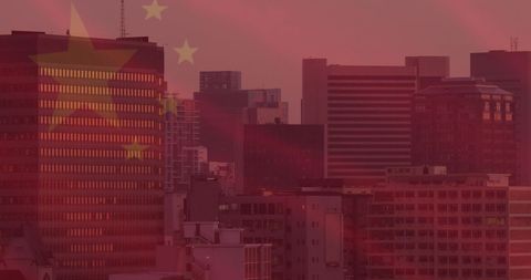 China Flag Overlay on Urban Cityscape Reflecting Economic Growth