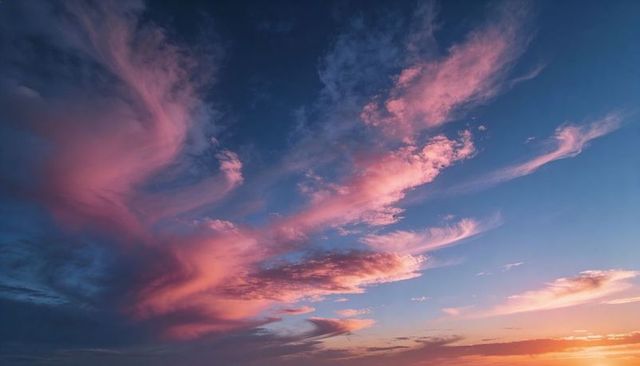 Vibrant pink and violet cirrus clouds stretching across twilight sky with sunset calm glow