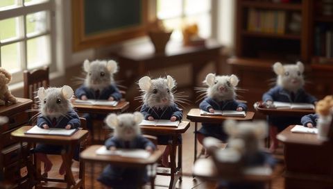 Adorable mice in classroom uniforms taking notes