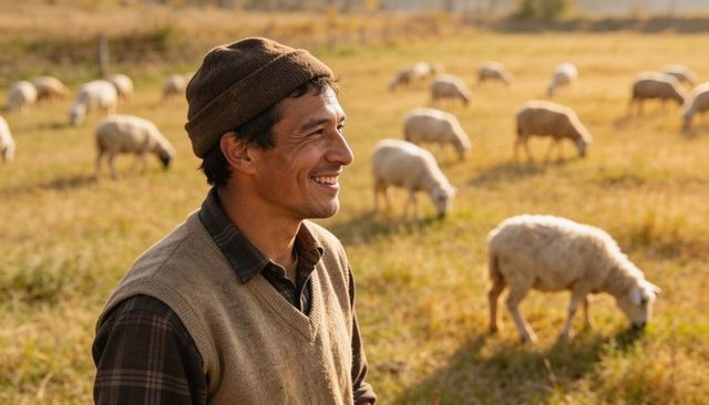 Smiling shepherd watching grazing sheep on golden pasture during autumn light