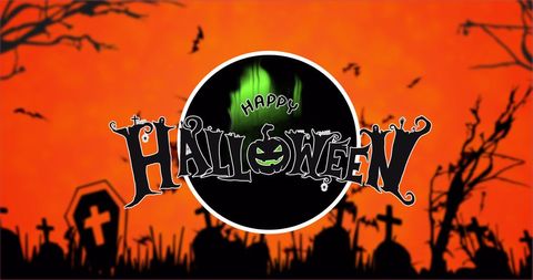 Spooky Halloween Night with Bats and Gravestones