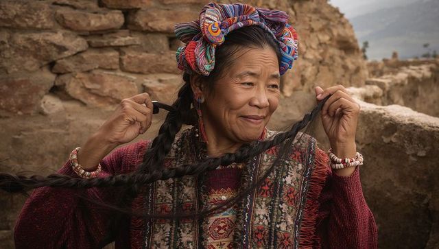 Andean elder holding braided hair while wearing colorful headscarf and woven shawl smiling