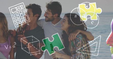 Joyful Beach Gathering Overlayed with Learning Symbols and Puzzles