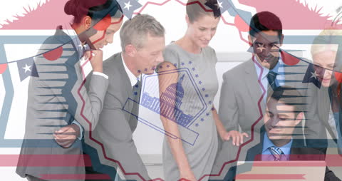 Diverse Business Team Collaborating with American Flag Overlay