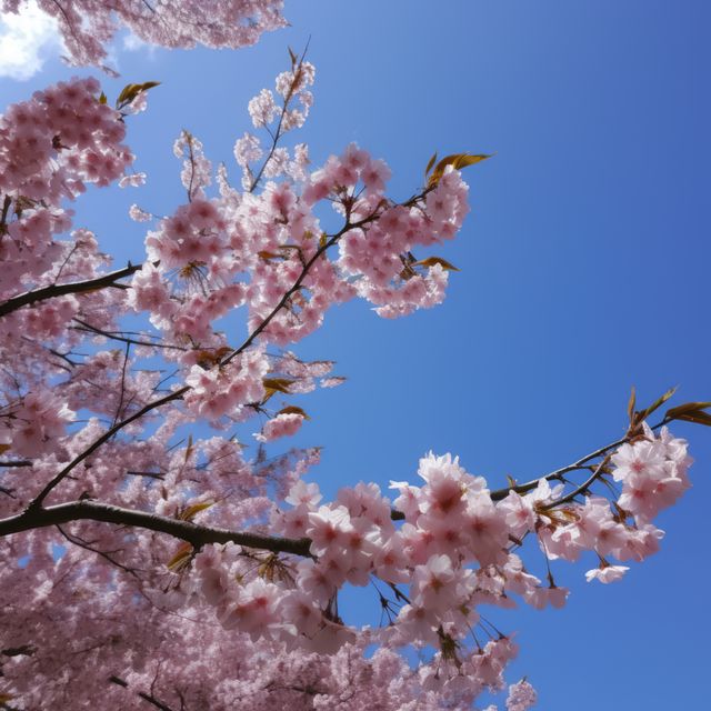 A beautiful view of cherry blossom branches in full bloom against a clear blue sky. Perfect for representing the spring season, nature's beauty, or evoking feelings of peace and renewal. Ideal for use in calendars, nature blogs, seasonal greeting cards, or environmental awareness campaigns.