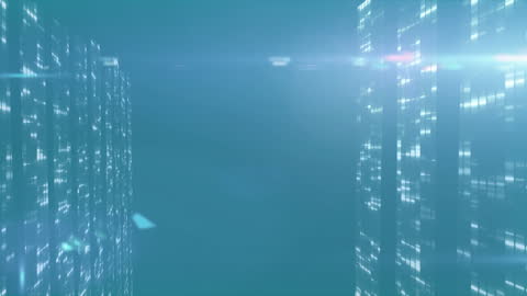 Futuristic Digital Columns and Light Trails in Deep Blue