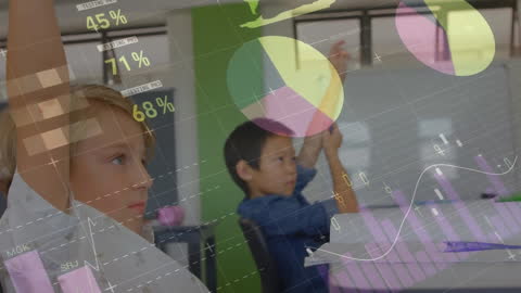 Children Learning in Classroom with Digital Data Graphics Overlay