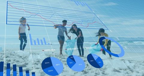 Volunteers cleaning beach with financial graph overlays