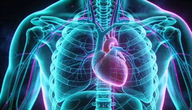 Neon 3d anatomy illustration showing ribcage, lungs and heart with vascular highlights