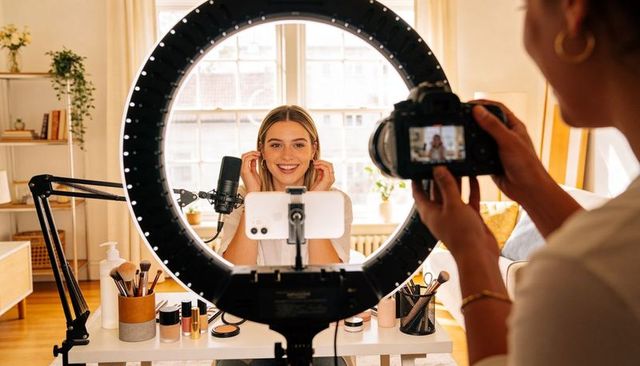 Beauty vlogger recording in cozy home studio with ring light, microphone, camera, makeup