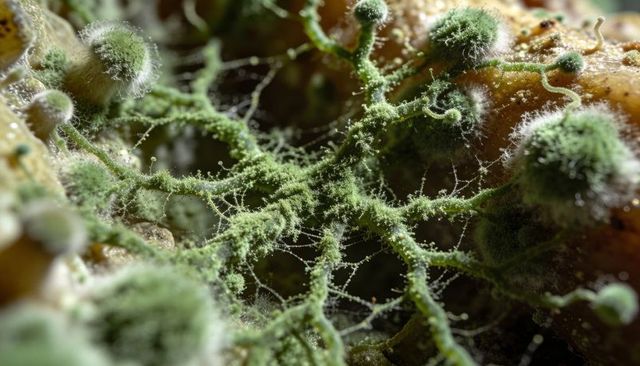 Macro close-up of green mold mycelium and hyphae spreading on decaying organic substrate