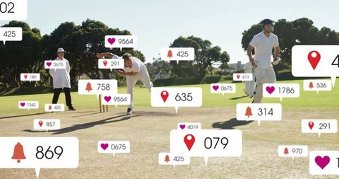 Cricket bowler delivering ball on sunny park pitch with social media notifications