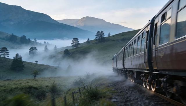 Heritage passenger train moving through misty mountain valley at dawn with winding rails and rolling